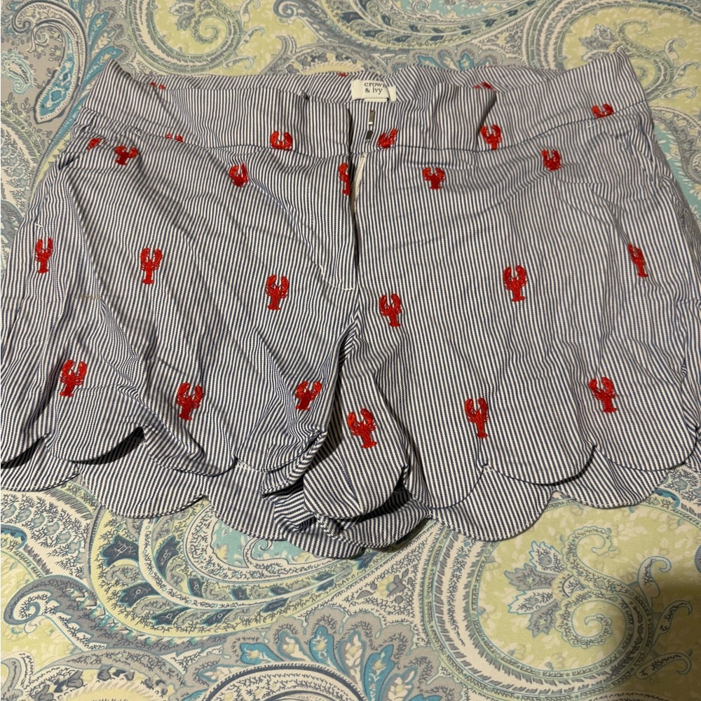 Crown & Ivy Blue Striped Shorts with Red Lobsters
